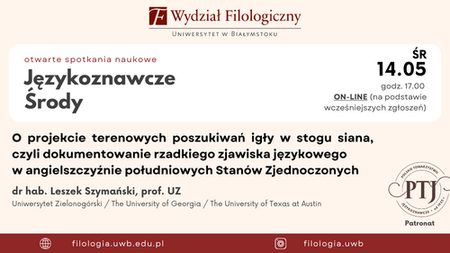 Grafika z informacją o Językoznawczej środzie 14 maja na stronę Wydziału Filologicznego