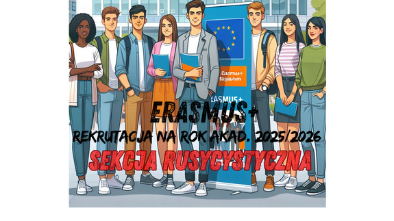 Grafika AI przedstawiająca grupę studentów z różnych krajów na tle europejskiego budynku i roll up z logo Unii