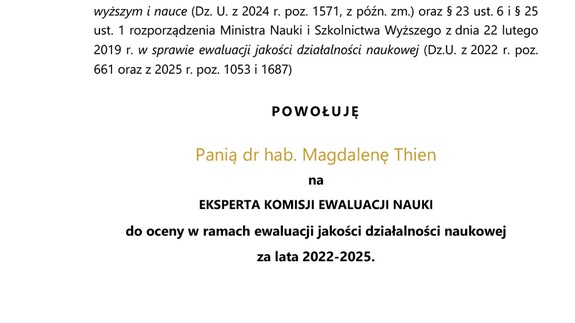 Dr hab. Magdalena Thien, prof. UwB Ekspertem Komisji Ewaluacji Nauki