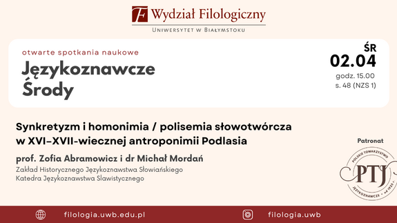 Grafika informująca o zebraniu naukowym z cyklu &#34;Językoznawcze środy&#34; 