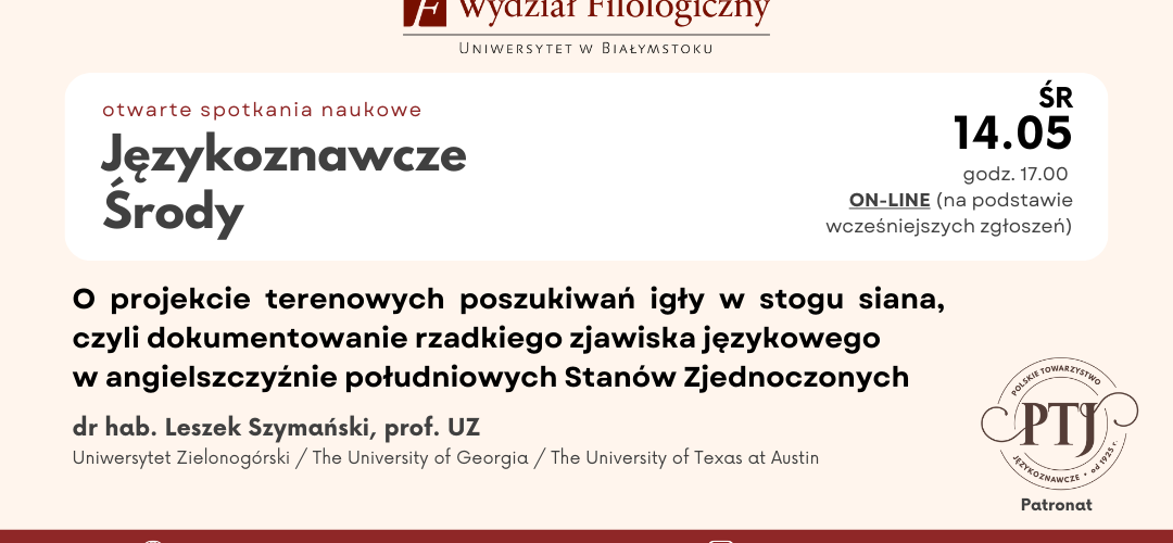 Grafika z informacją o Językoznawczej środzie 14 maja na stronę Wydziału Filologicznego