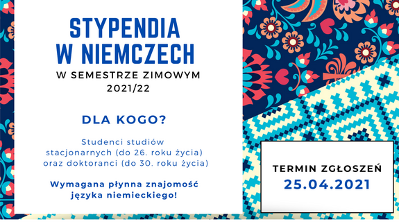 Ogłaszamy rekrutacje na stypendia naukowe w Niemczech<br>w semestrze zimowym 2021/22